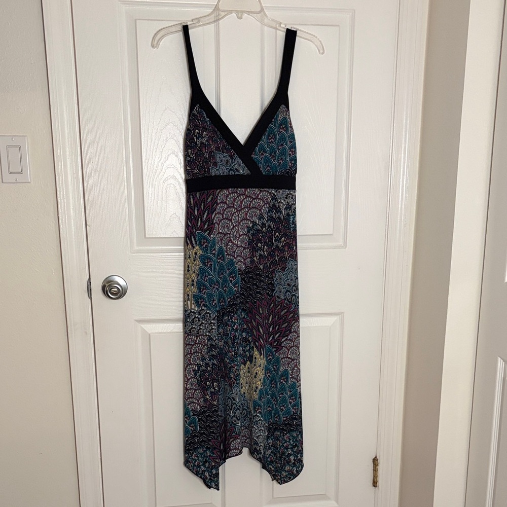 AGB Teal, Black & Purple Asymmetrical V-Neck Dress